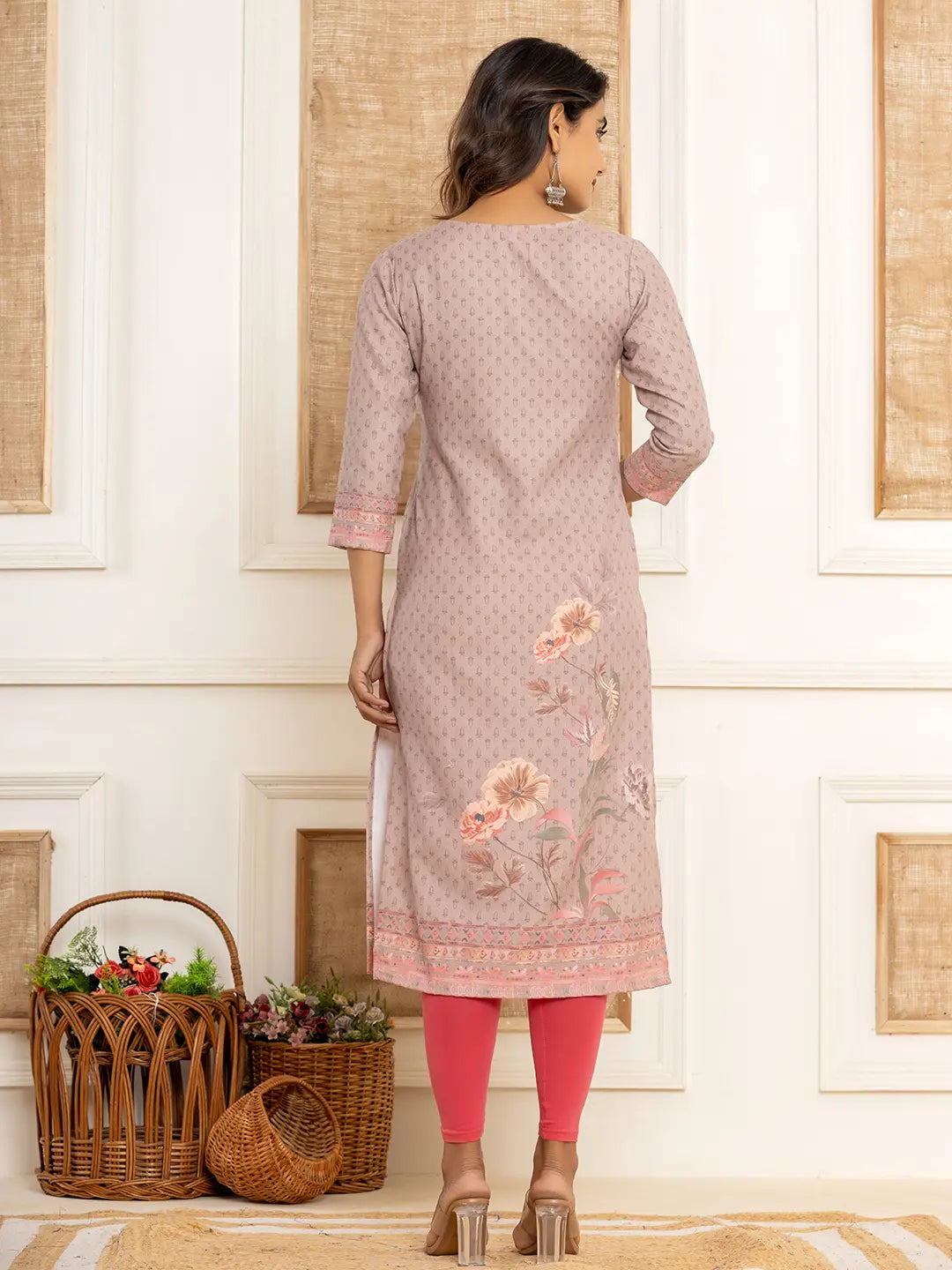 Yufta Peach Cotton A-Line Kurta With Digital Print