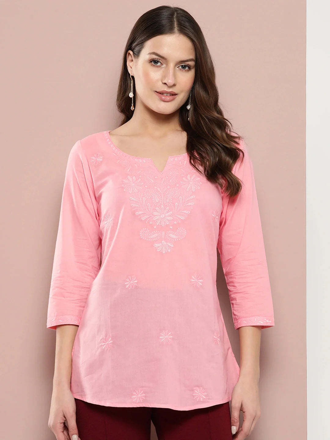 Yufta Peach Floral Chikankari Embroidered Pure Cotton Top - Distacart