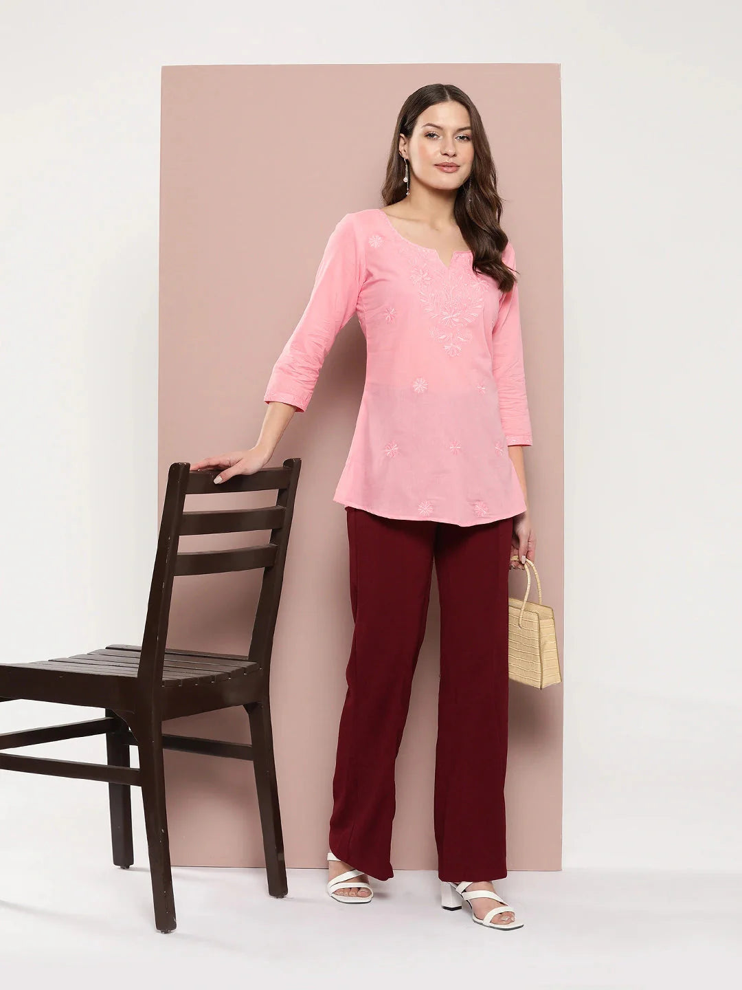 Yufta Peach Floral Chikankari Embroidered Pure Cotton Top - Distacart