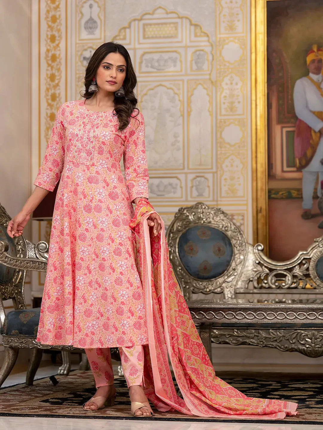Yufta Peach Floral Print Anarkali Kurta Trouser And Dupatta Set - Distacart
