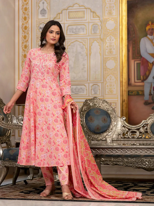 Yufta Peach Floral Print Anarkali Kurta Trouser And Dupatta Set