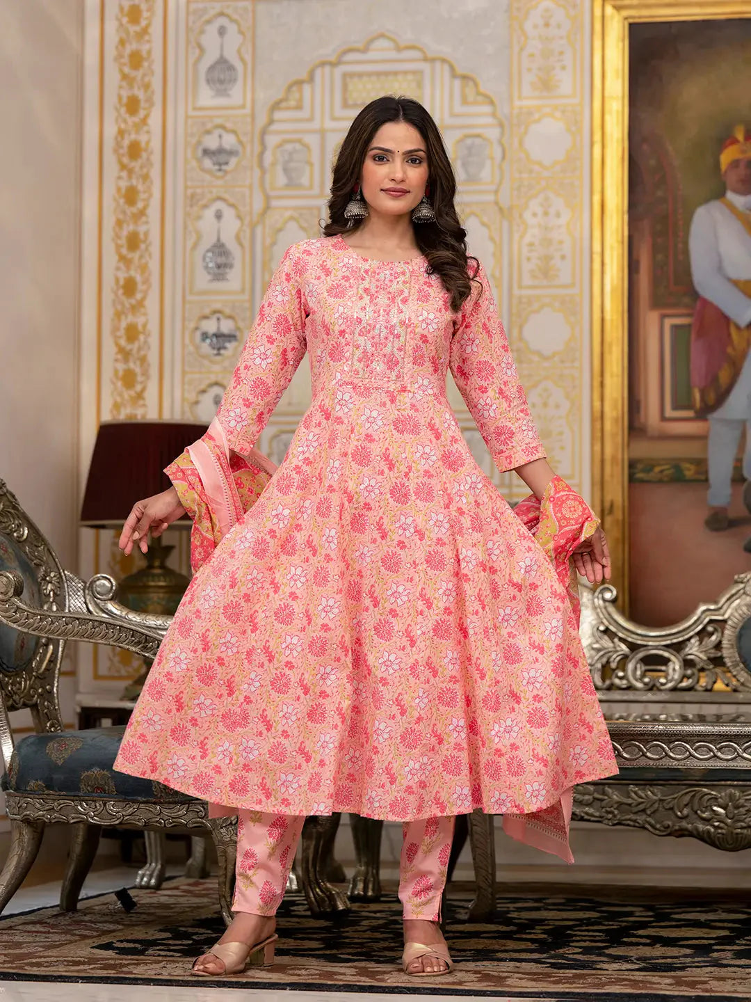 Yufta Peach Floral Print Anarkali Kurta Trouser And Dupatta Set