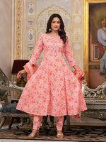 Thumbnail for Yufta Peach Floral Print Anarkali Kurta Trouser And Dupatta Set