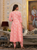 Thumbnail for Yufta Peach Floral Print Anarkali Kurta Trouser And Dupatta Set
