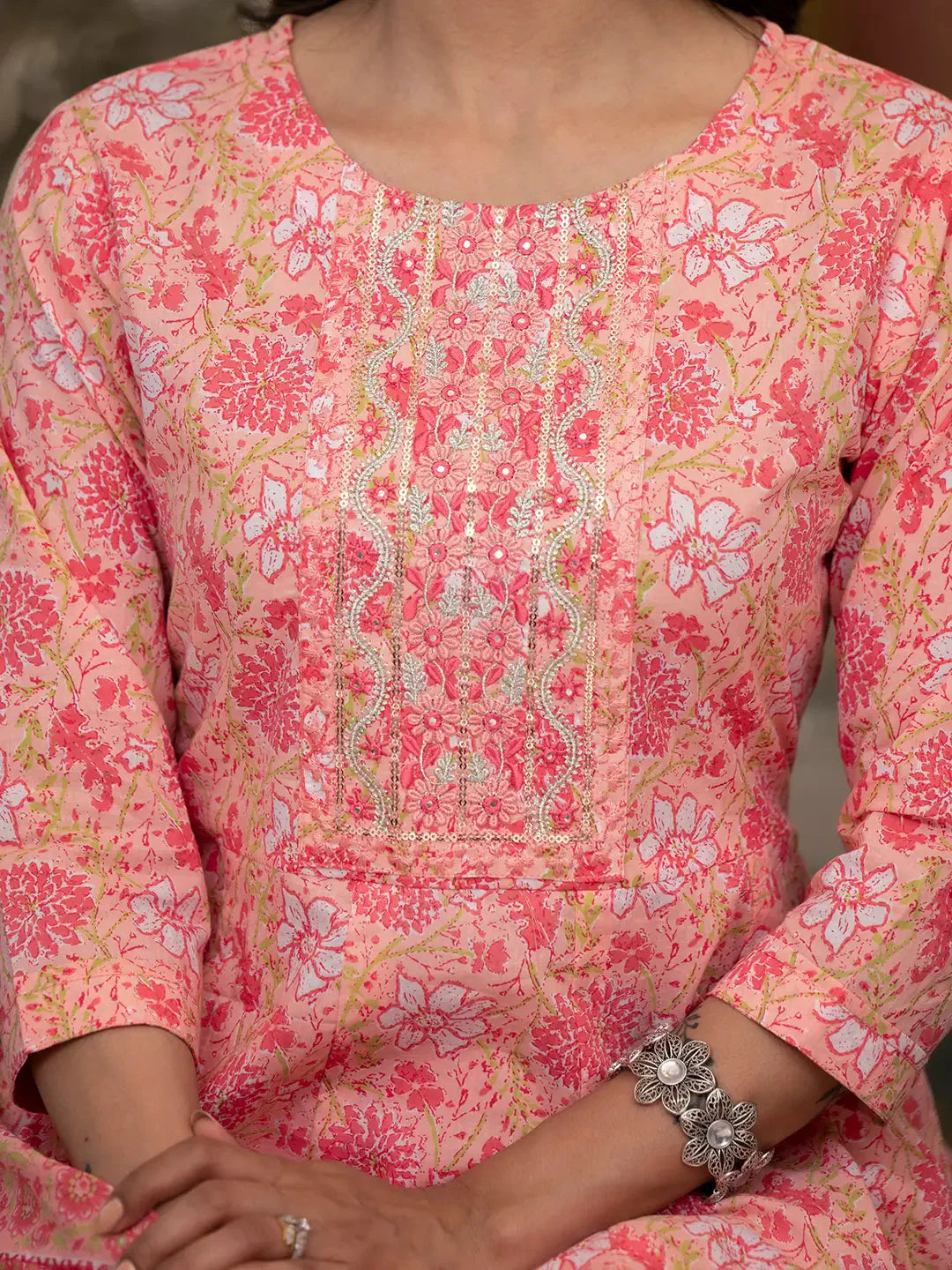 Yufta Peach Floral Print Anarkali Kurta Trouser And Dupatta Set