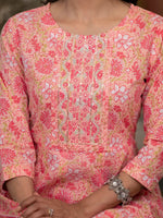 Thumbnail for Yufta Peach Floral Print Anarkali Kurta Trouser And Dupatta Set