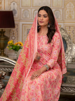 Thumbnail for Yufta Peach Floral Print Anarkali Kurta Trouser And Dupatta Set