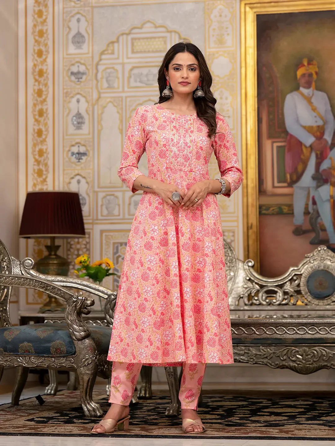 Yufta Peach Floral Print Anarkali Kurta Trouser And Dupatta Set