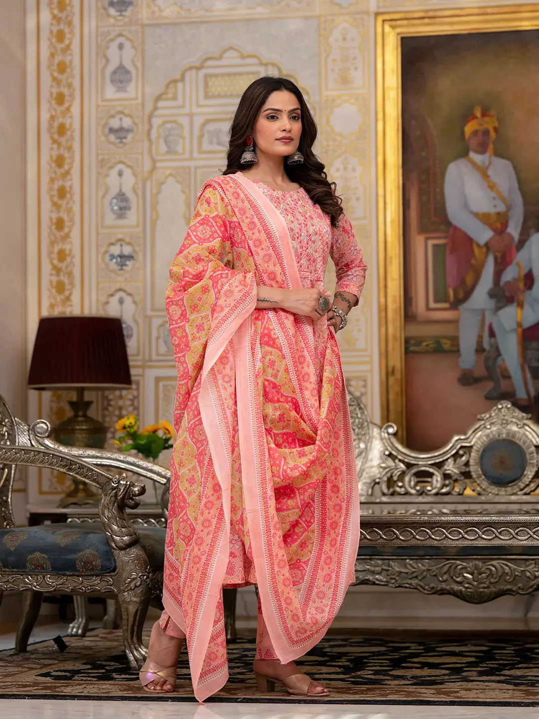 Yufta Peach Floral Print Anarkali Kurta Trouser And Dupatta Set
