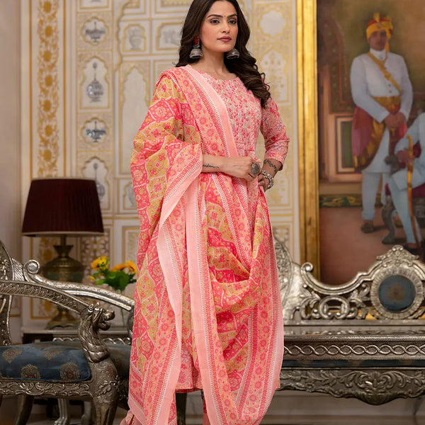 Yufta Peach Floral Print Anarkali Kurta Trouser And Dupatta Set - Distacart