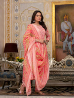 Thumbnail for Yufta Peach Floral Print Anarkali Kurta Trouser And Dupatta Set