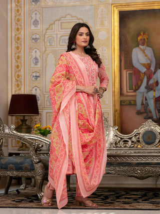 Yufta Peach Floral Print Anarkali Kurta Trouser And Dupatta Set - Distacart