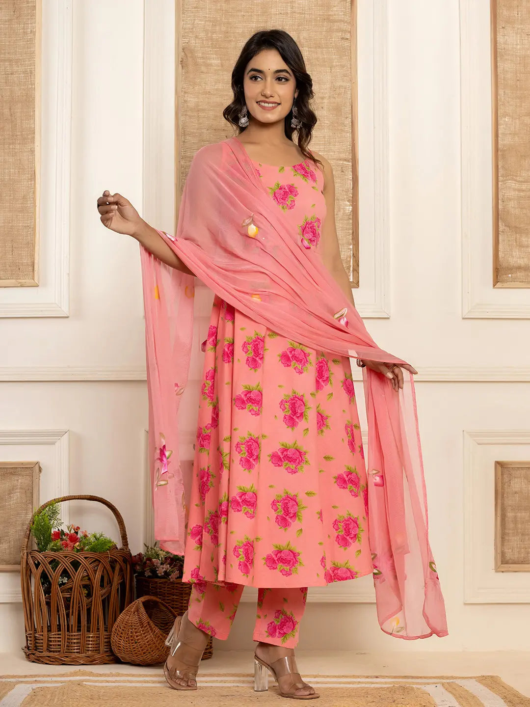 Yufta Peach Floral Print Cotton A-Line Style Kurta And Trousers With Dupatta Set