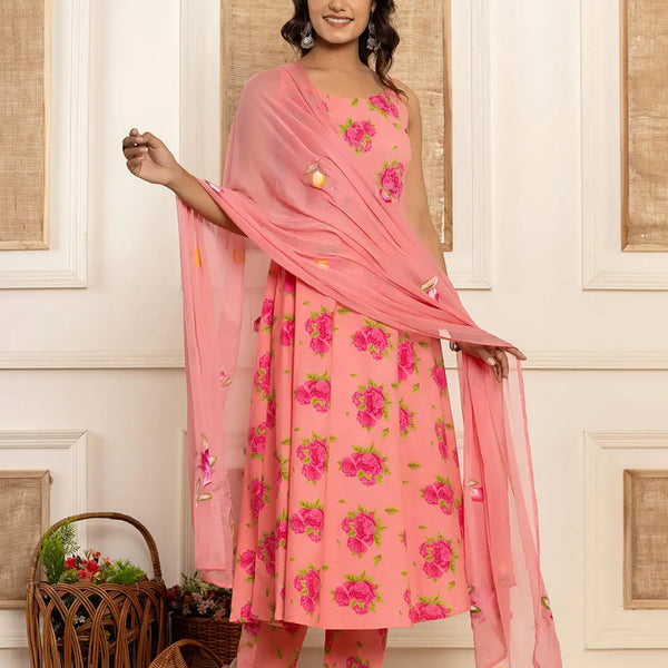 Yufta Peach Floral Print Cotton A-Line Style Kurta And Trousers With Dupatta Set - Distacart