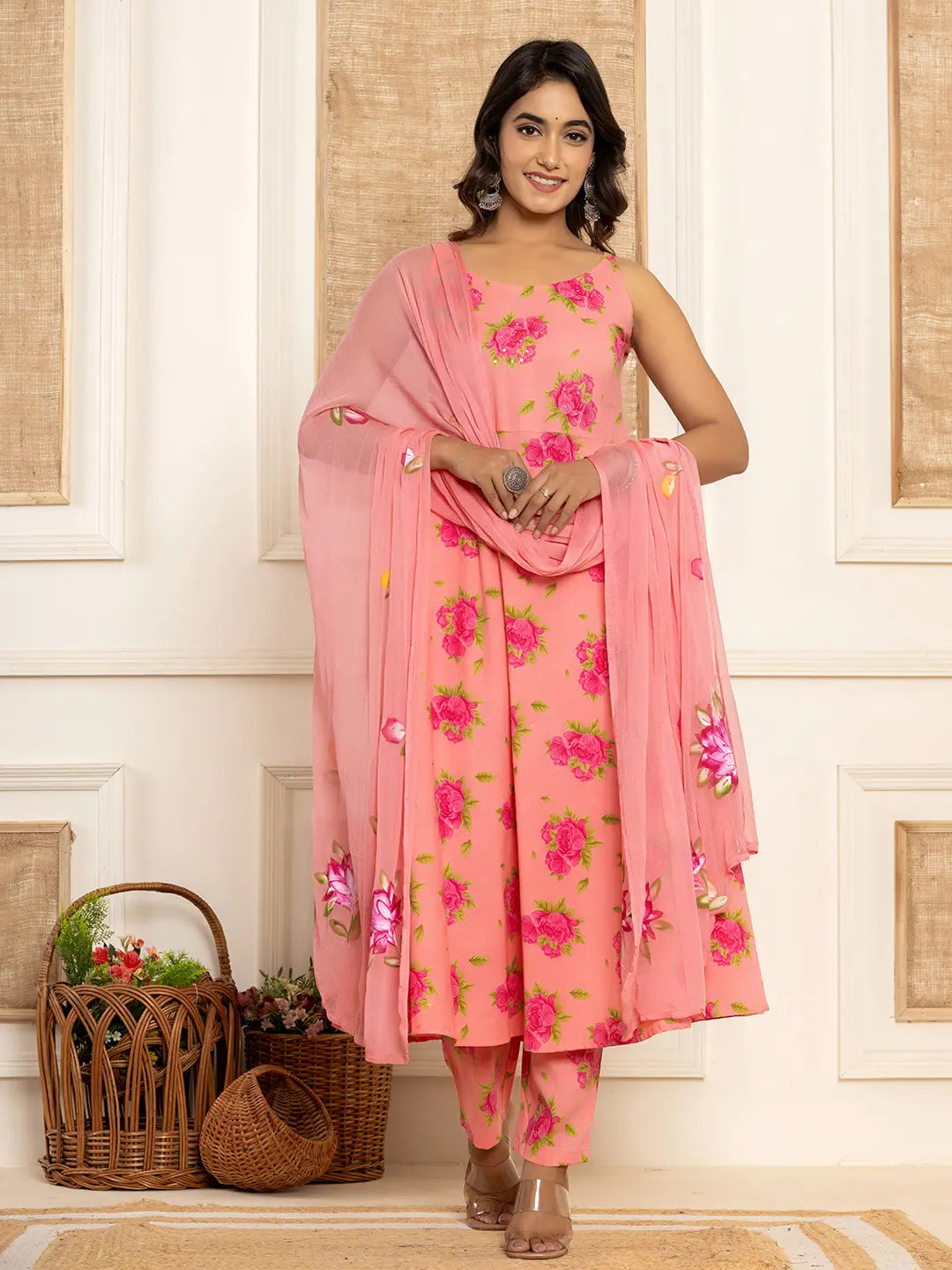 Yufta Peach Floral Print Cotton A-Line Style Kurta And Trousers With Dupatta Set - Distacart