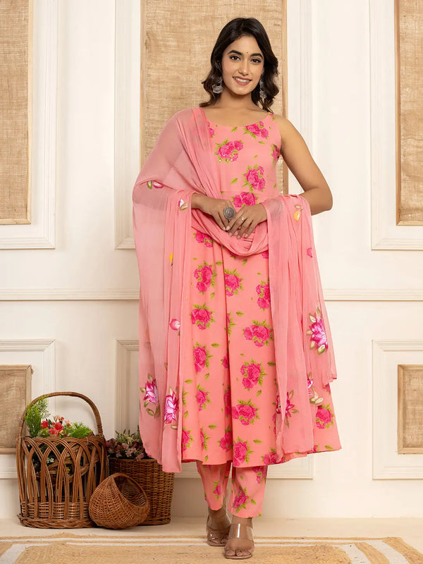 Yufta Peach Floral Print Cotton A-Line Style Kurta And Trousers With Dupatta Set