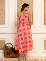 Thumbnail for Yufta Peach Floral Print Cotton A-Line Style Kurta And Trousers With Dupatta Set