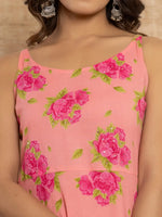 Thumbnail for Yufta Peach Floral Print Cotton A-Line Style Kurta And Trousers With Dupatta Set