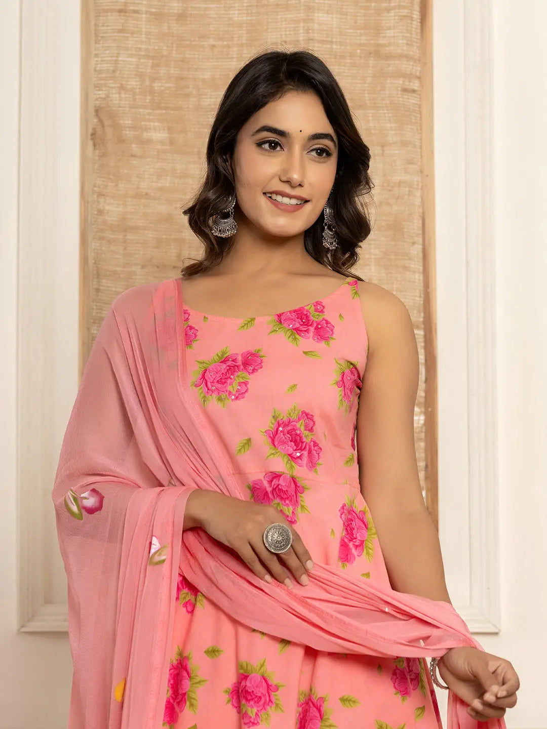 Yufta Peach Floral Print Cotton A-Line Style Kurta And Trousers With Dupatta Set
