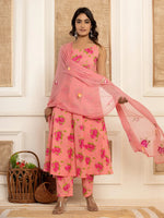 Thumbnail for Yufta Peach Floral Print Cotton A-Line Style Kurta And Trousers With Dupatta Set