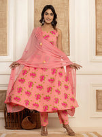 Thumbnail for Yufta Peach Floral Print Cotton A-Line Style Kurta And Trousers With Dupatta Set