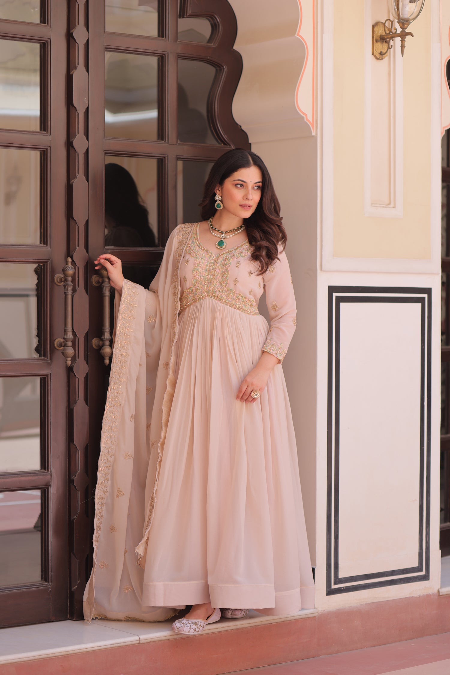 Lorenvalley Fashion Peach Star Georgette with Beads & Sequins Multi Embroidered work Anarkali Gown with Dupatta