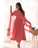 Thumbnail for Lorenvalley Peach Faux Georgette Lukhnowi Sequence Work Anarkali Kurta Pant With Dupatta Set