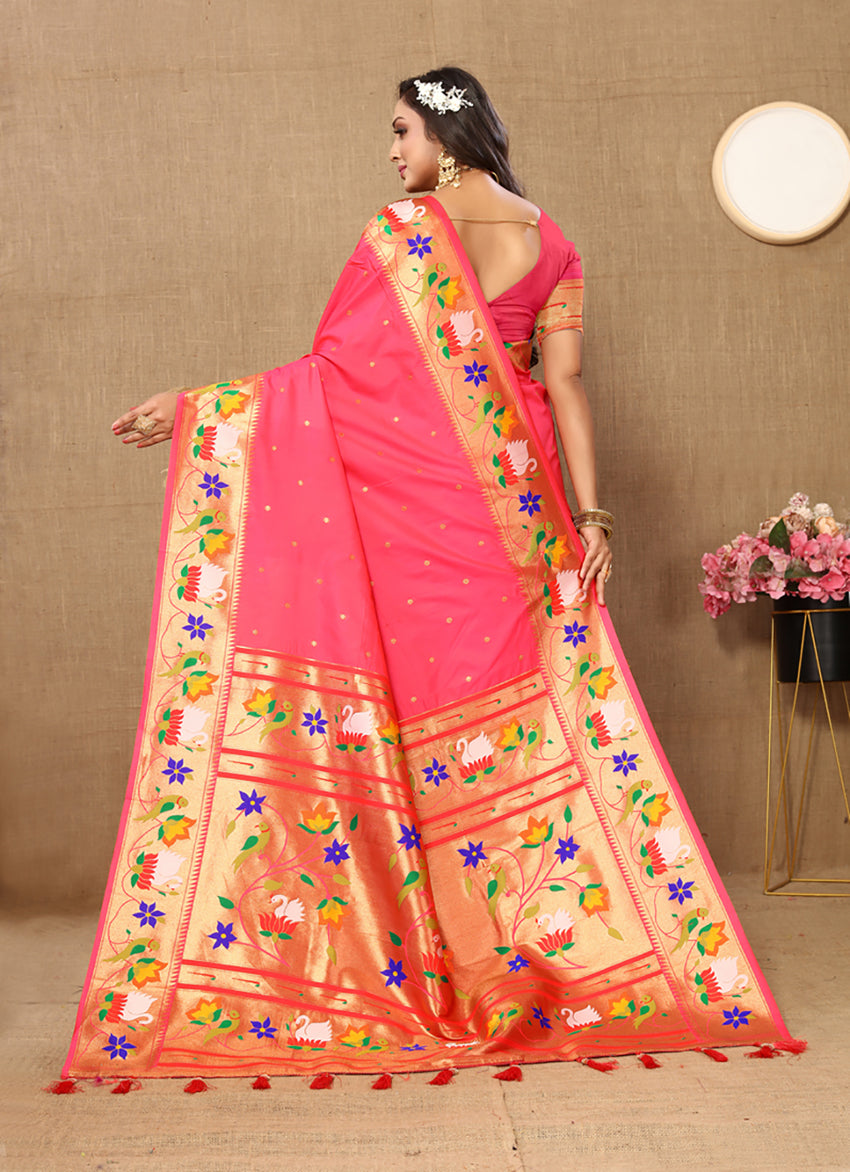 Lorenvalley Fashion Peach Soft Paithani Silk Woven Design Rich Zari Meenakari Weaving Saree - Distacart