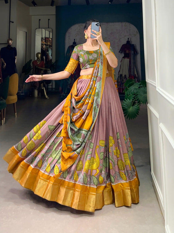 Lorenvalley Peach Dola Silk and Jacquard Silk Printed (Kalamkari) With Zari Weaving Border Lehenga Choli - Distacart