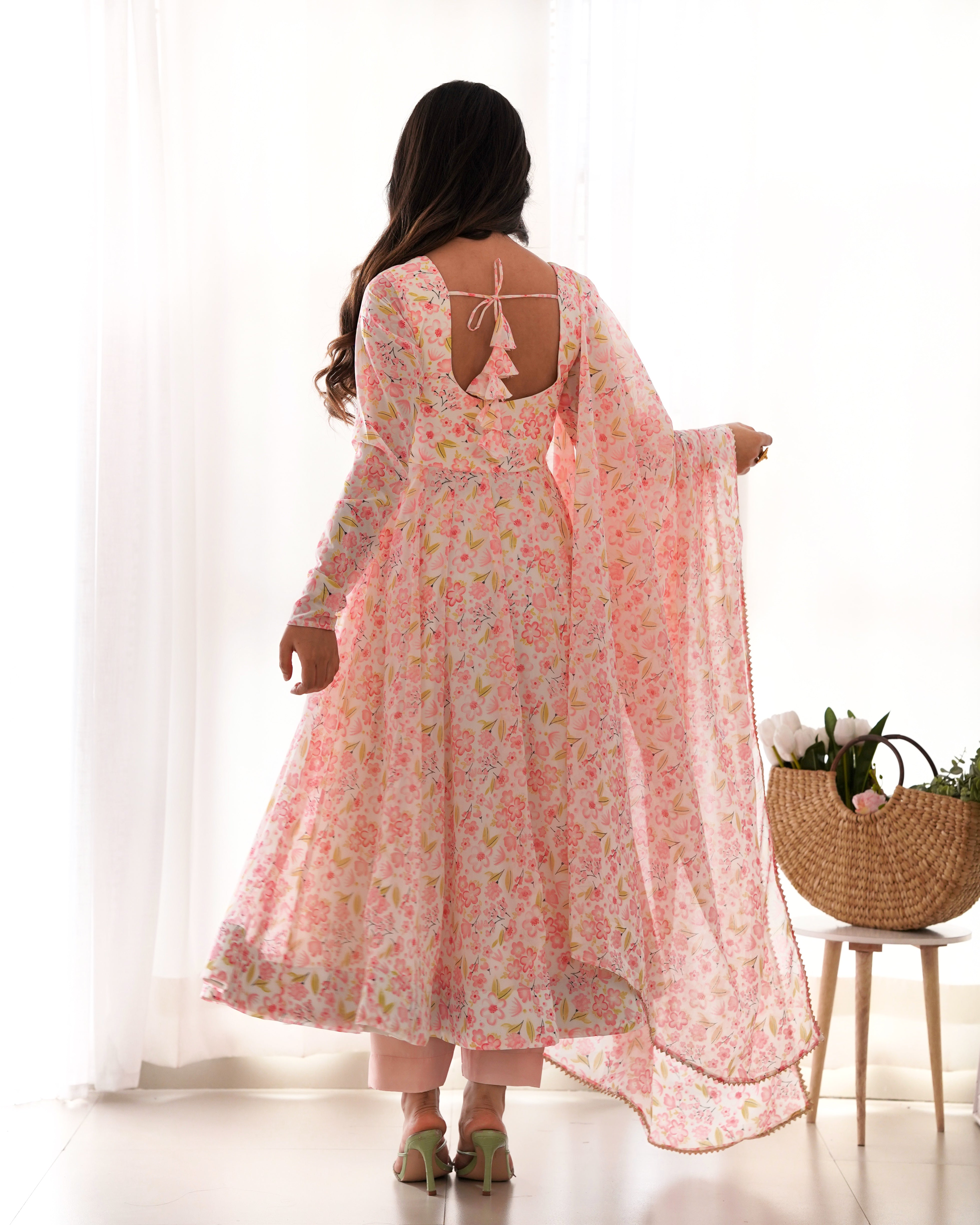 Lorenvalley Peach Soft Organza Silk With Floral Print Fully Flared Anarkali Pant With Dupatta Set - Distacart
