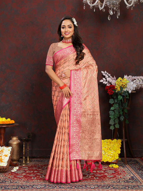 Lorenvalley Fashion Peach Soft Katan Silk Woven Design Rich Zari Weaving Pallu Saree - Distacart