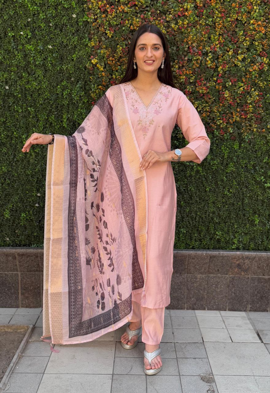 Lorenvalley Fashion Peach Roman Silk Hand Work Kurta Pant with Dupatta