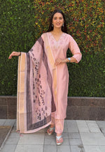 Thumbnail for Lorenvalley Fashion Peach Roman Silk Hand Work Kurta Pant with Dupatta