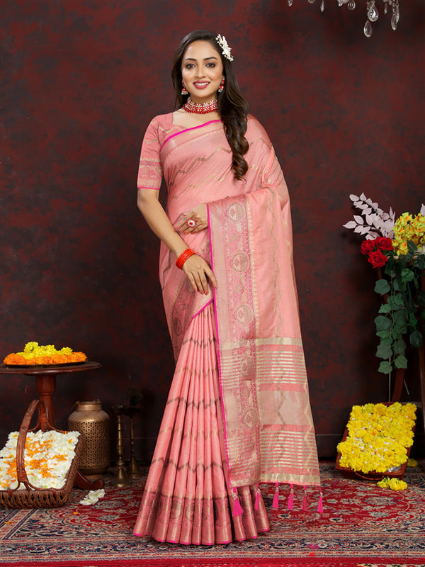 Lorenvalley Fashion Peach Soft Katan Silk Woven Design Zari Weaving Pallu Saree - Distacart