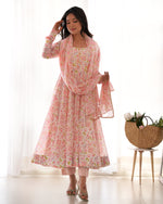 Thumbnail for Lorenvalley Peach Soft Organza Silk With Floral Print Fully Flared Anarkali Pant With Dupatta Set
