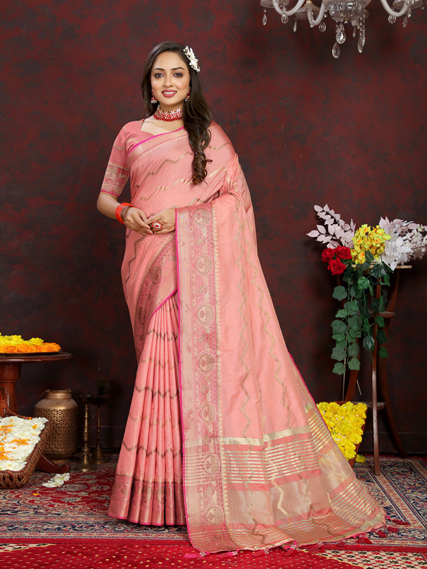 Lorenvalley Fashion Peach Soft Katan Silk Woven Design Zari Weaving Pallu Saree - Distacart