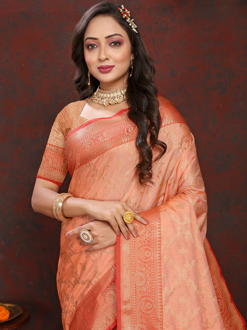 Lorenvalley Fashion Peach Soft Katan Silk Woven Design Zari Weaving Pallu Saree - Distacart
