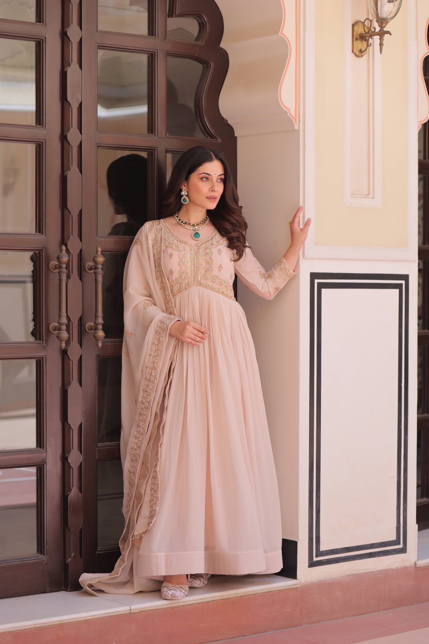 Lorenvalley Fashion Peach Star Georgette with Beads & Sequins Multi Embroidered work Anarkali Gown with Dupatta