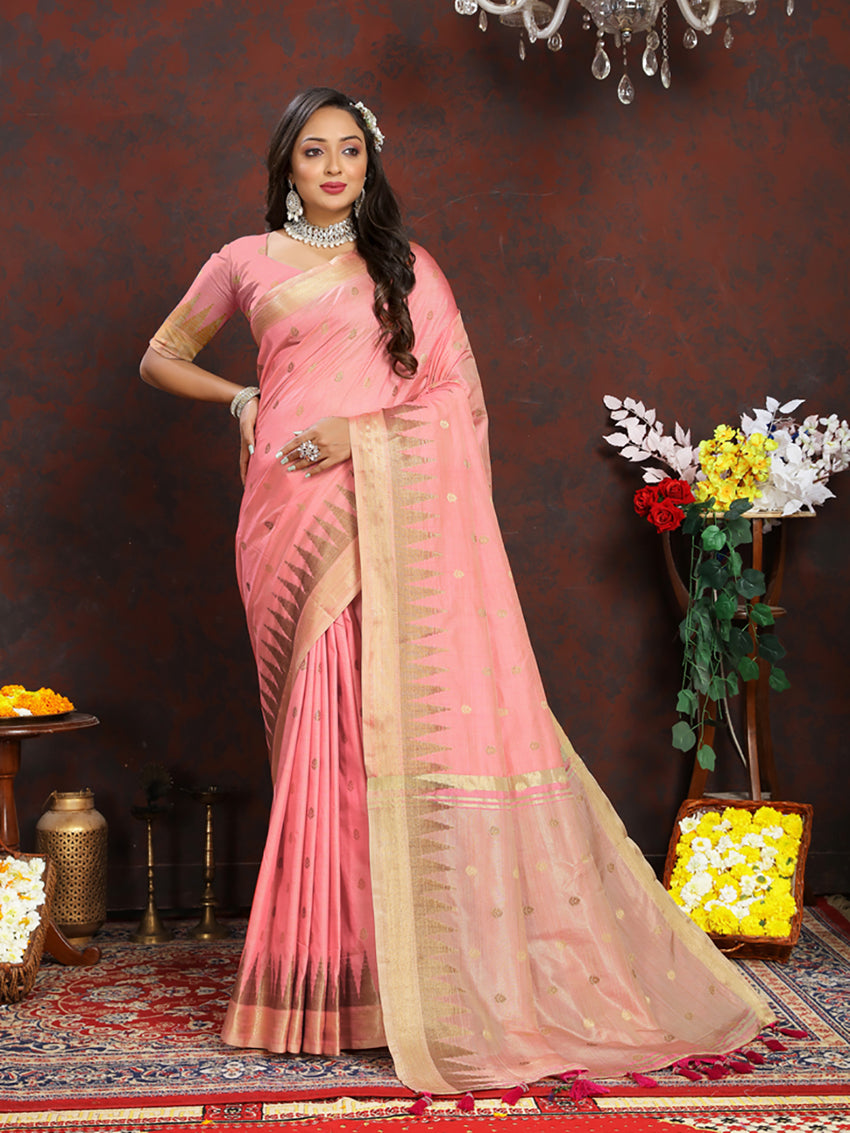 Lorenvalley Fashion Peach Soft Katan Silk Woven Design Zari Weaving Pallu Saree - Distacart
