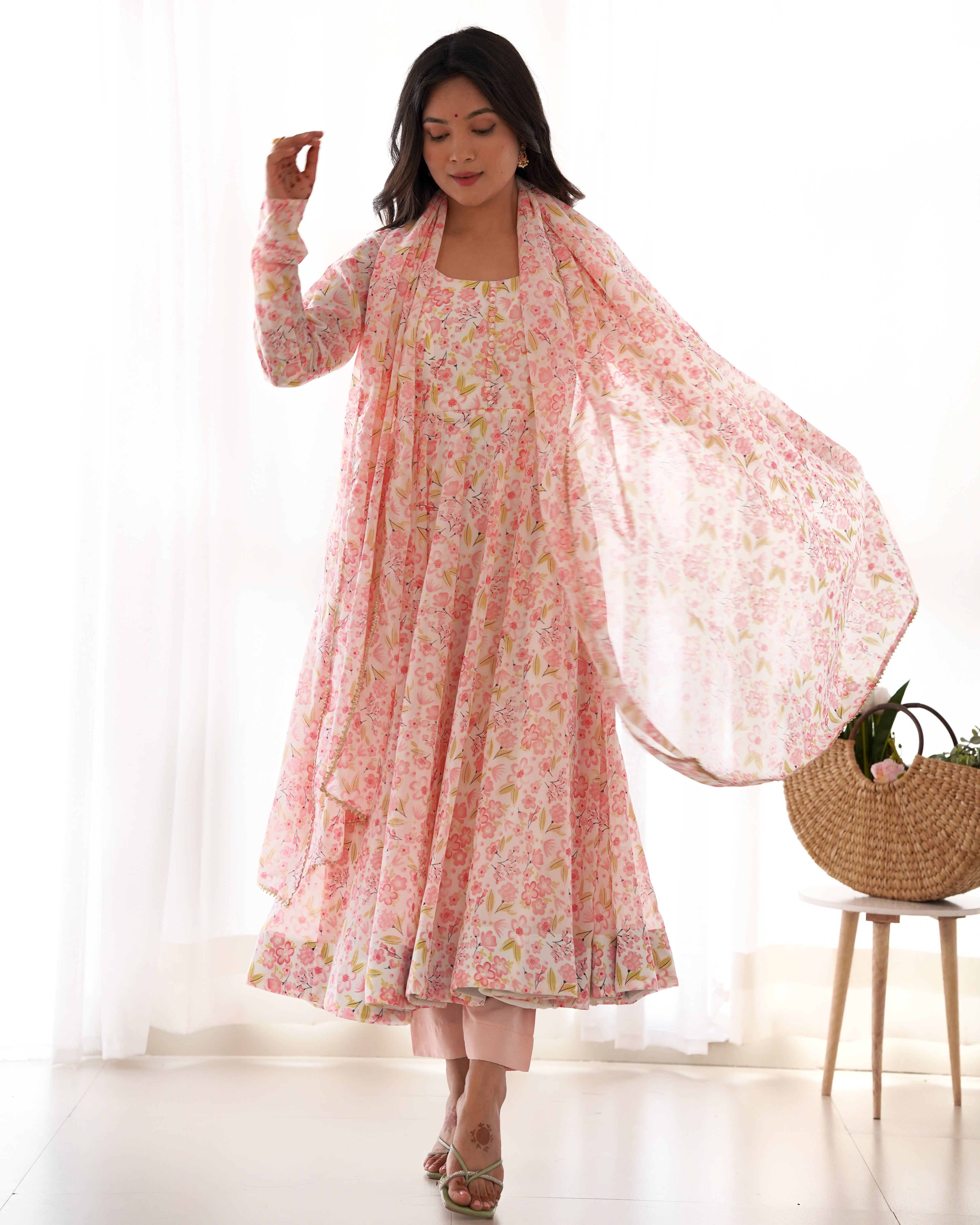 Lorenvalley Peach Soft Organza Silk With Floral Print Fully Flared Anarkali Pant With Dupatta Set