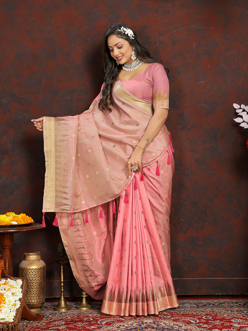 Lorenvalley Fashion Peach Soft Katan Silk Woven Design Zari Weaving Pallu Saree - Distacart