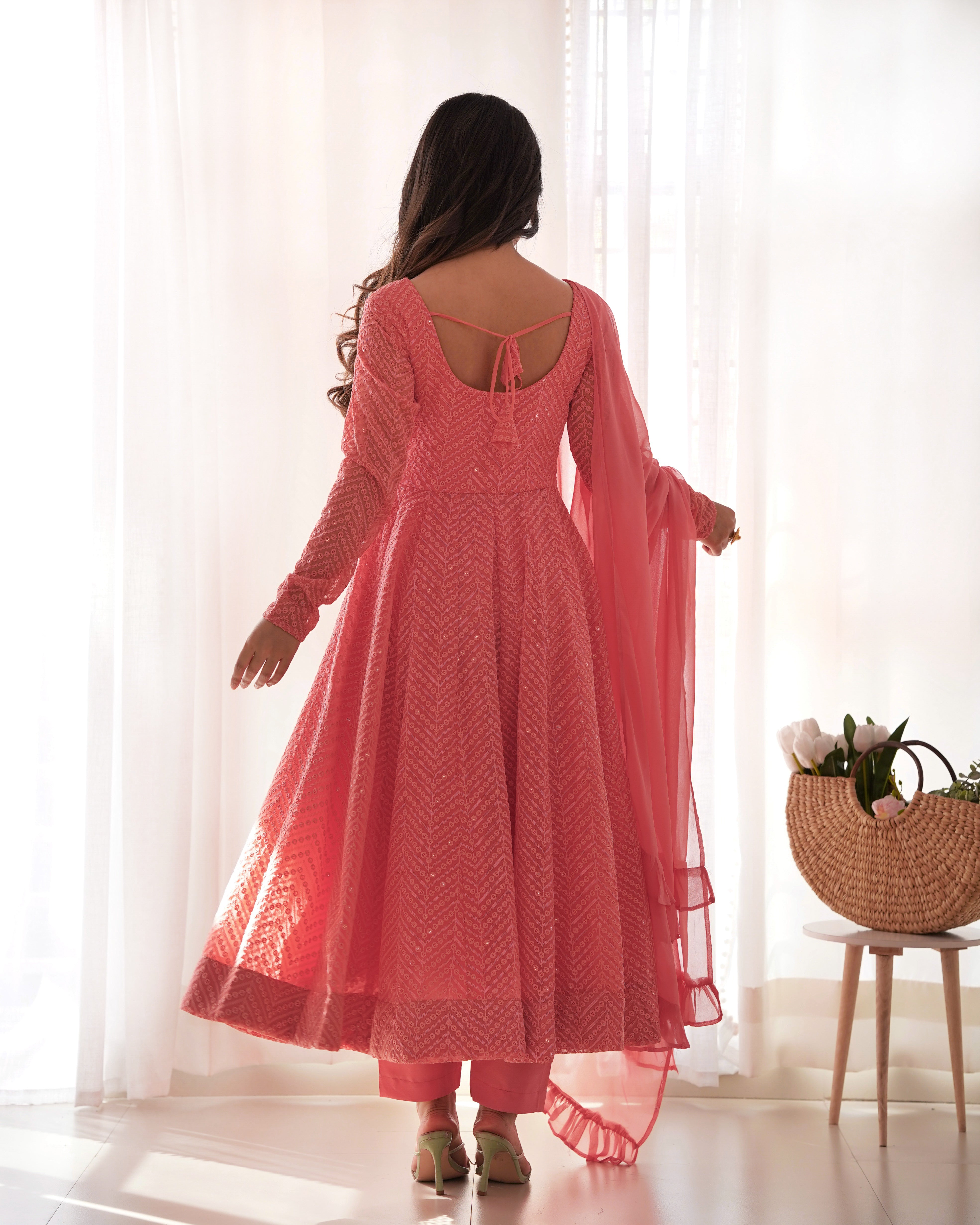 Lorenvalley Peach Faux Georgette Lukhnowi Sequence Work Anarkali Kurta Pant With Dupatta Set