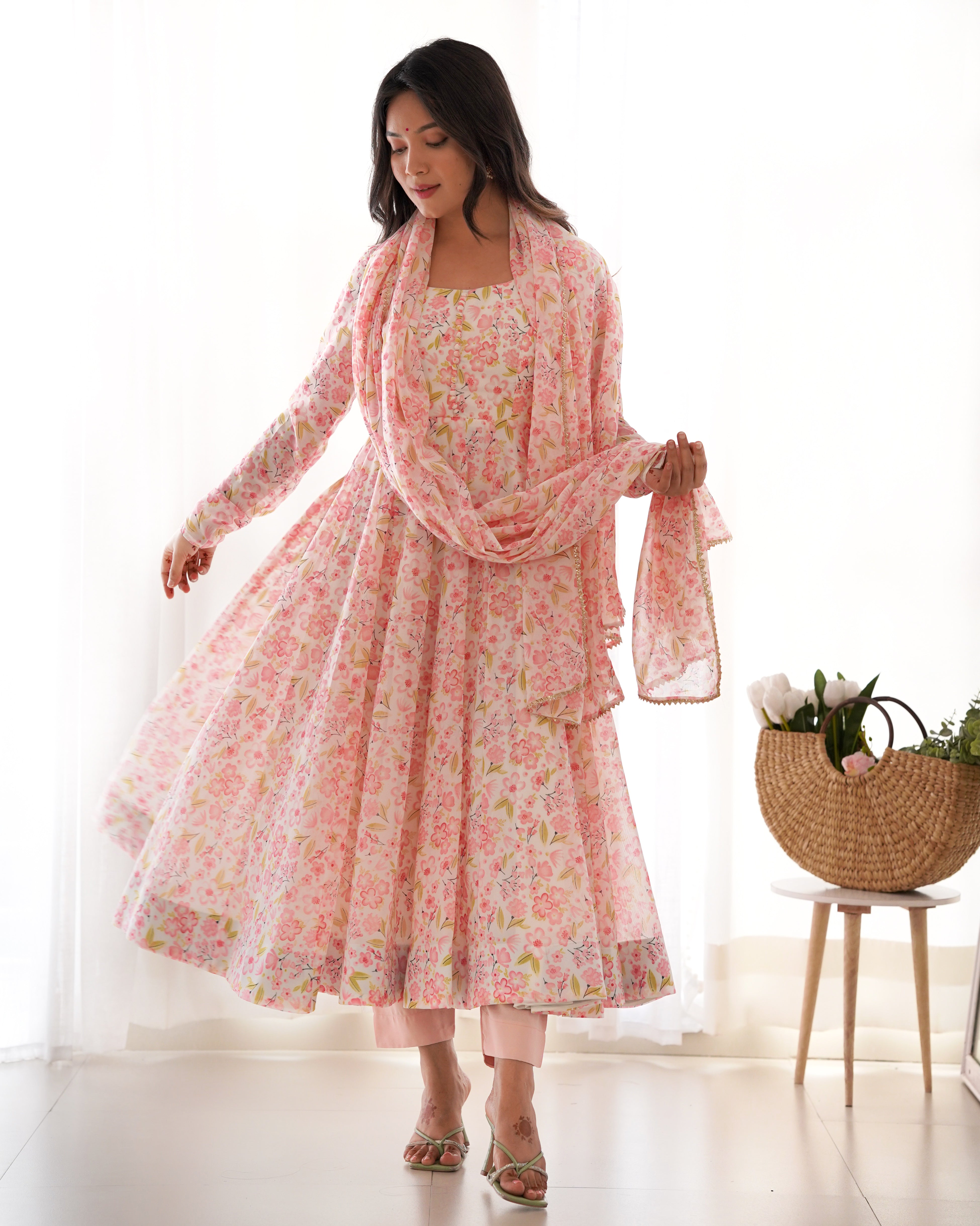 Lorenvalley Peach Soft Organza Silk With Floral Print Fully Flared Anarkali Pant With Dupatta Set