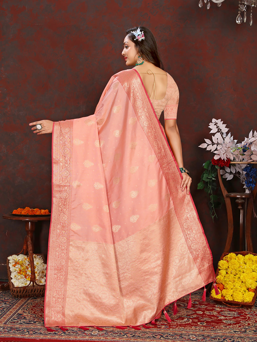Lorenvalley Fashion Peach Soft Katan Silk Woven Design Zari Weaving Pallu Saree - Distacart