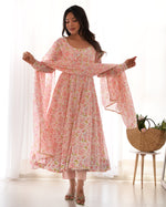 Thumbnail for Lorenvalley Peach Soft Organza Silk With Floral Print Fully Flared Anarkali Pant With Dupatta Set
