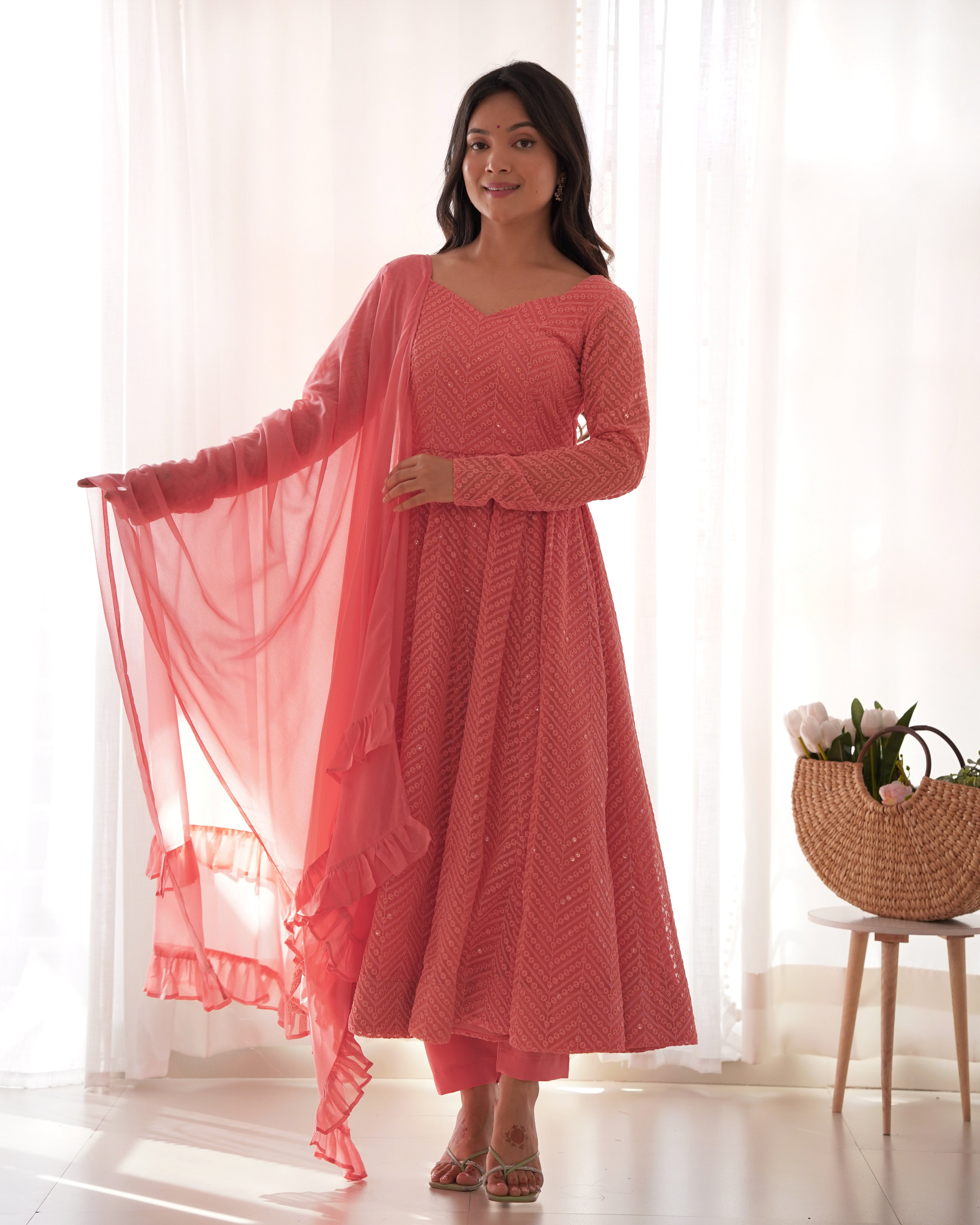 Lorenvalley Peach Faux Georgette Lukhnowi Sequence Work Anarkali Kurta Pant With Dupatta Set