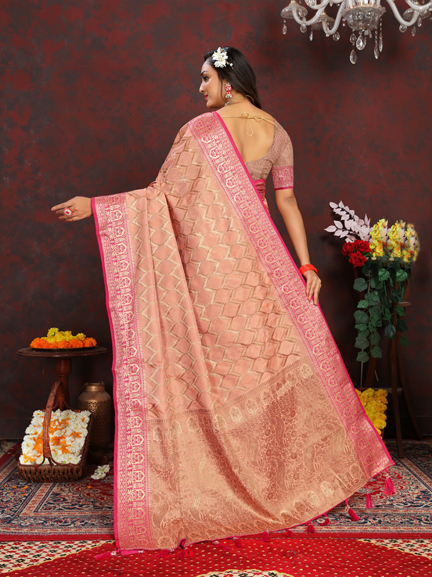Lorenvalley Fashion Peach Soft Katan Silk Woven Design Rich Zari Weaving Pallu Saree - Distacart