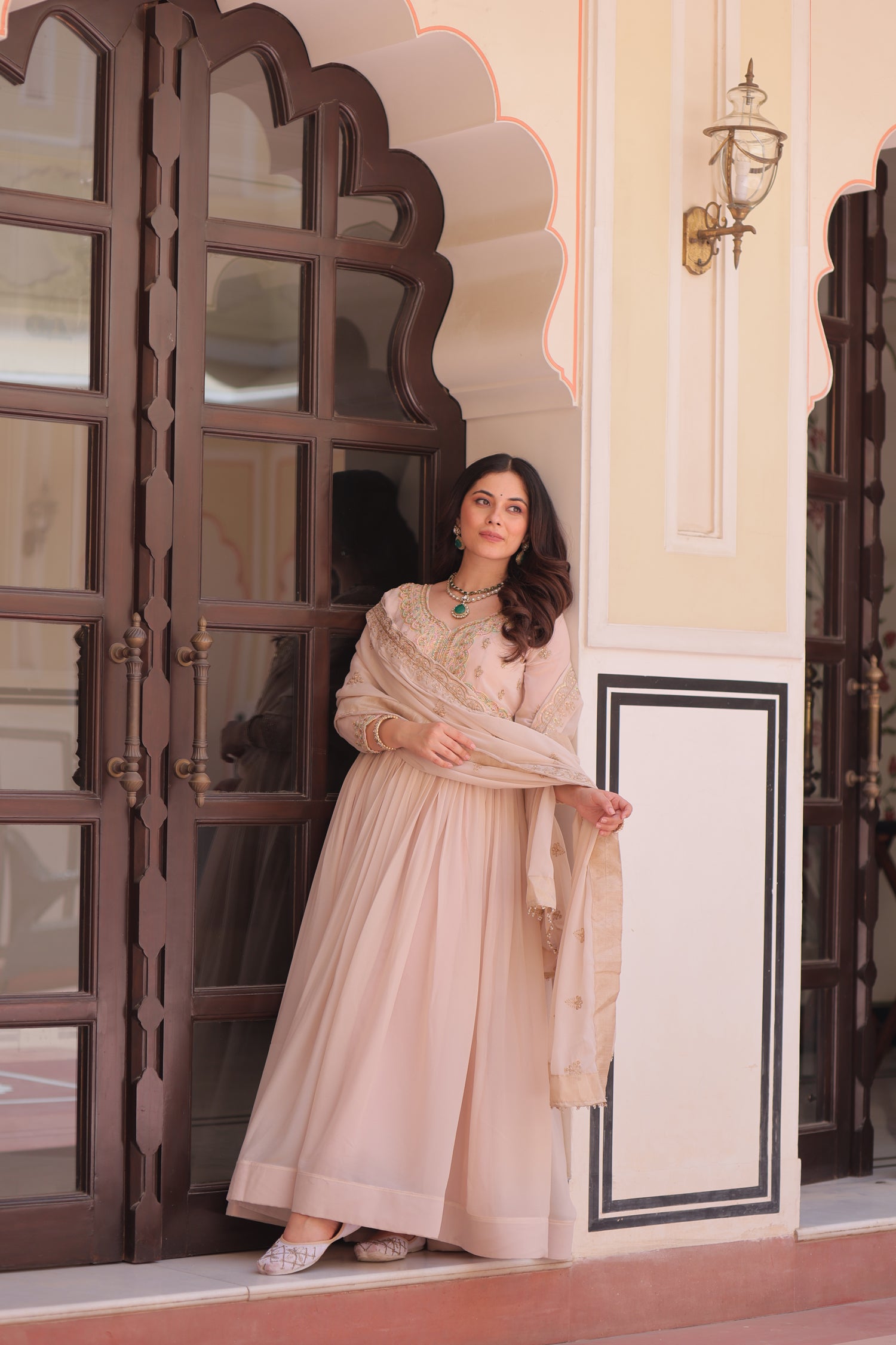 Lorenvalley Fashion Peach Star Georgette with Beads & Sequins Multi Embroidered work Anarkali Gown with Dupatta