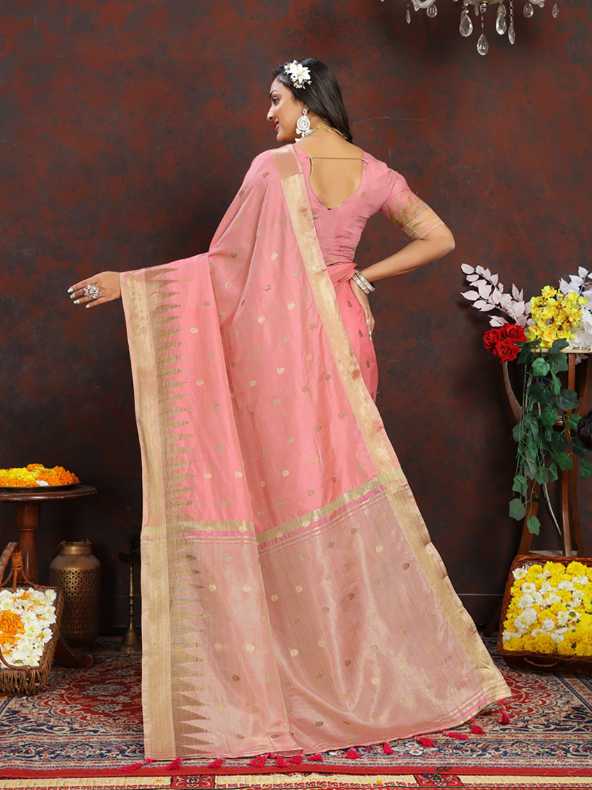 Lorenvalley Fashion Peach Soft Katan Silk Woven Design Zari Weaving Pallu Saree - Distacart