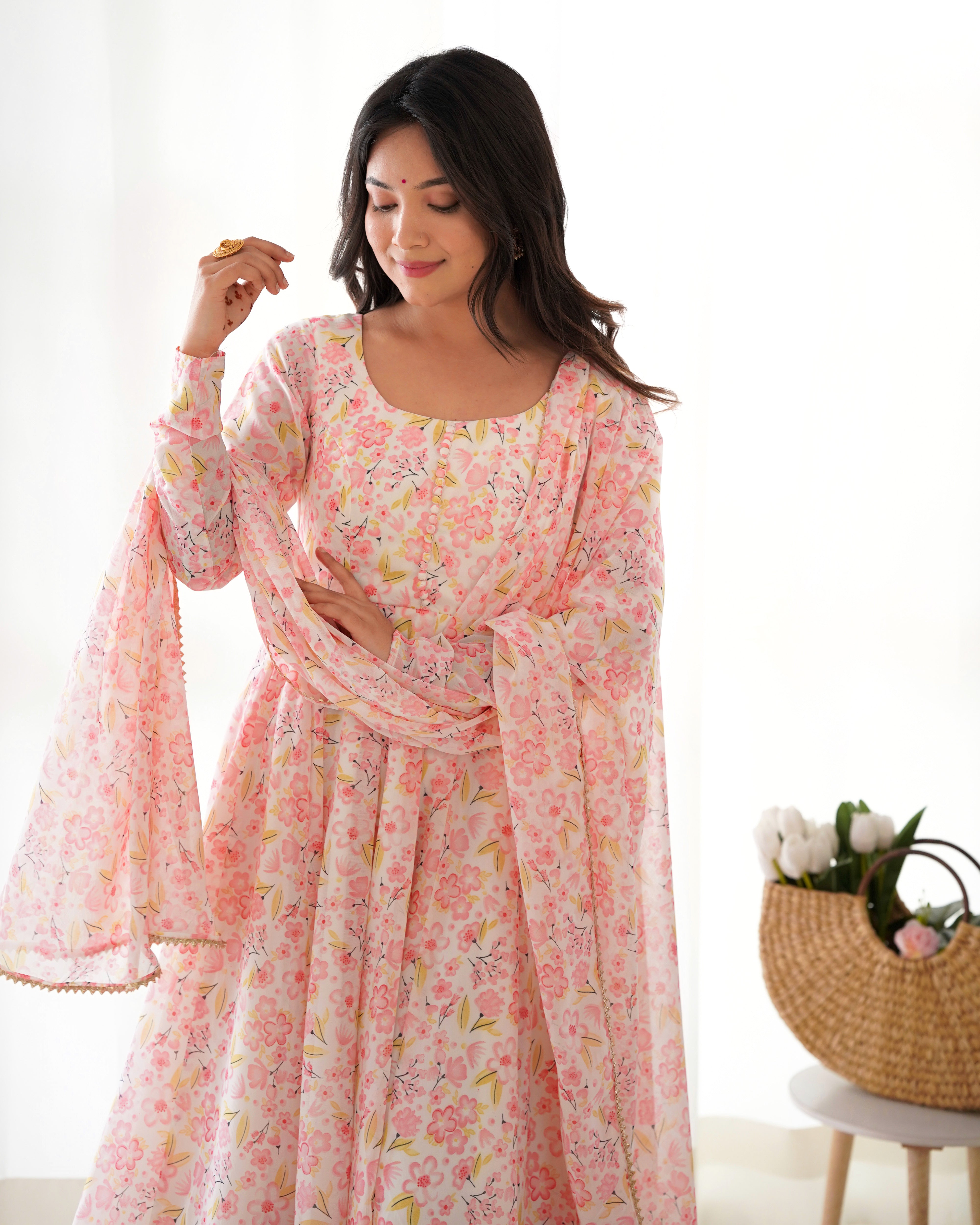 Lorenvalley Peach Soft Organza Silk With Floral Print Fully Flared Anarkali Pant With Dupatta Set